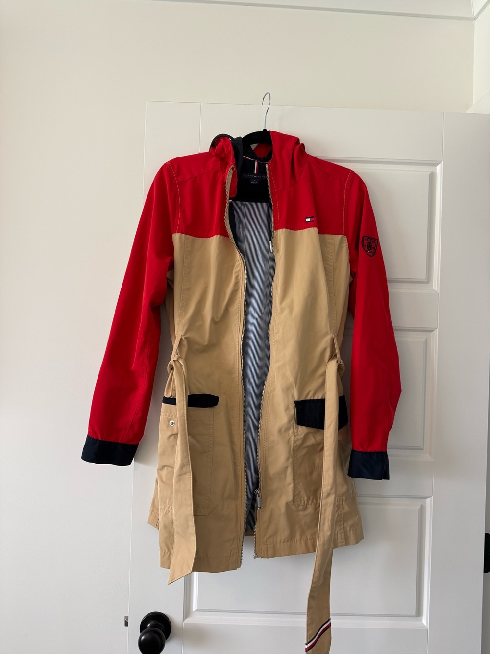 Tommy Hilfiger Red and Khaki Hooded Trench Jacket